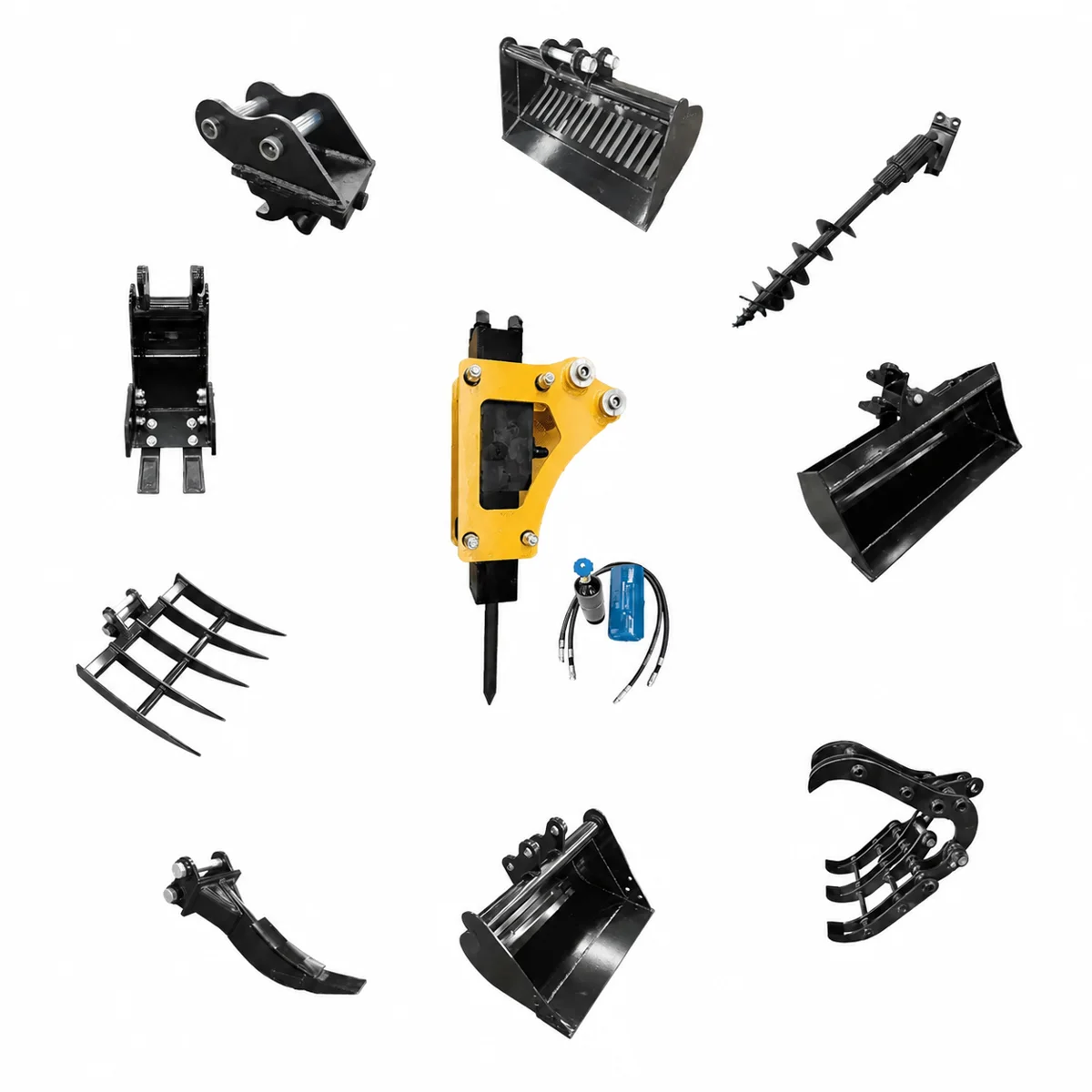 10-in-1 Mini Excavator Attachment Bundle Combo Kit for Worksite Digging, Grading & Utility Jobs — view 1 10-in-1 Mini Excavator Attachment Bundle Combo Kit for Worksite Digging, Grading & Utility Jobs — product view 1
