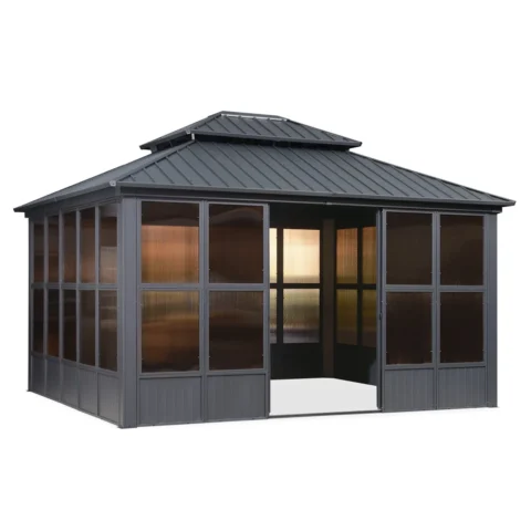12′ x 14′ Hardtop Aluminum Gazebo with Galvanized Steel Roof & Sliding Doors — product view 1