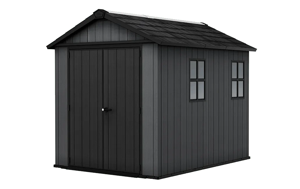 Keter 7.5ft x 9ft Newton Plus Front Entry Plastic Garden Shed – Dark Grey — product view 1 Keter 7.5ft x 9ft Newton Plus Front Entry Plastic Garden Shed – Dark Grey — product view 1