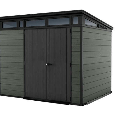 Keter Cortina 9 x 7 ft green shed — front and right side