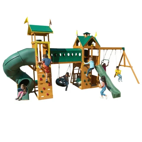KidKraft Mockingbird View Cedar Swing Set with Lookout Tower Tube Slide and Basketball Hoop — product view 1